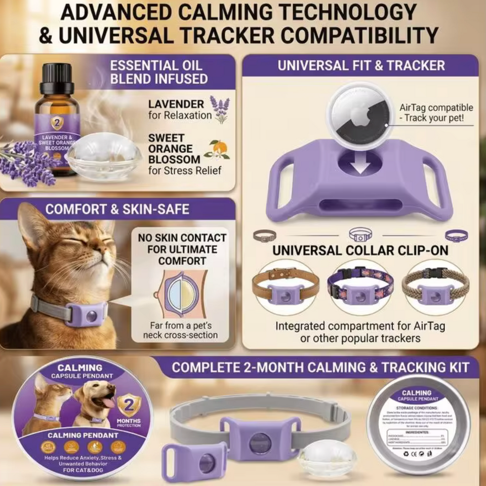  a pet calming collar kit, featuring a purple collar clip-on, lavender and citrus essential oils, a cat wearing a collar, and various tracking components on a white background.