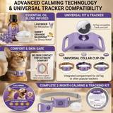  a pet calming collar kit, featuring a purple collar clip-on, lavender and citrus essential oils, a cat wearing a collar, and various tracking components on a white background.