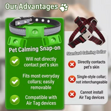 a pet calming snap-on collar, showing a green 'Our Advantages' panel with text and icons, alongside a small photo of a dark red adjustable collar.